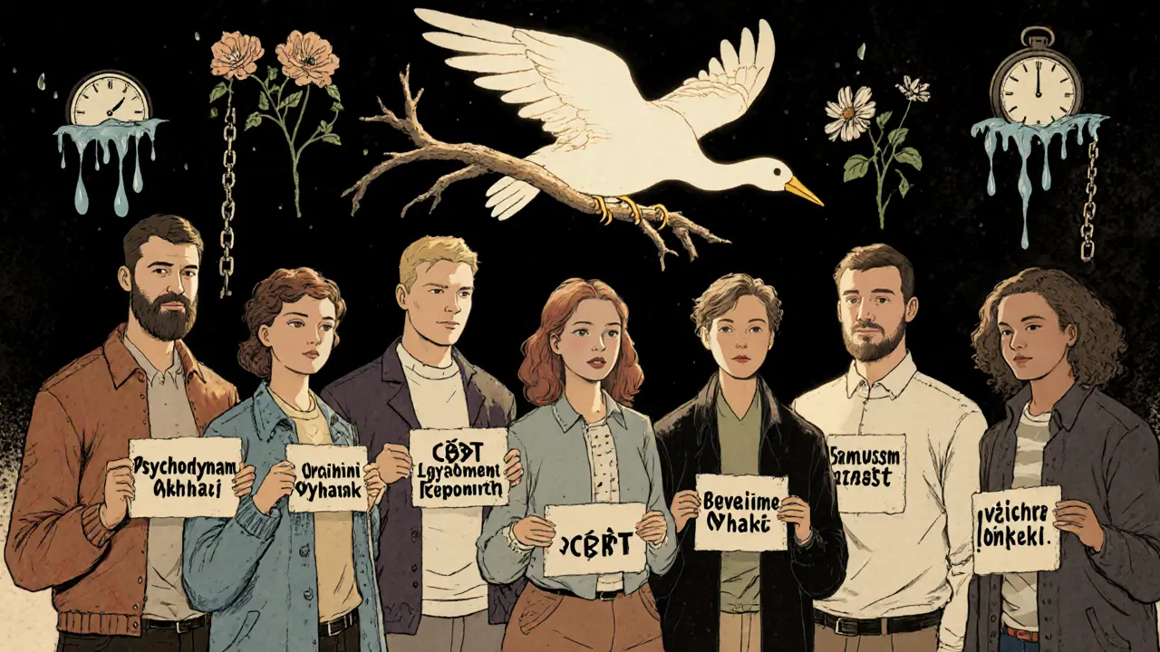 Různí klienti stojí pod Dodo ptákem, který prohlašuje všechny za vítěze terapie.