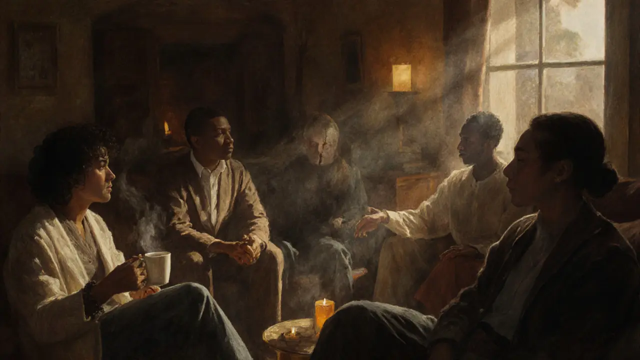 Skupina lidí se vzájemně propojená v klidném prostředí, ilustrující důležitost sociálních kontaktů.