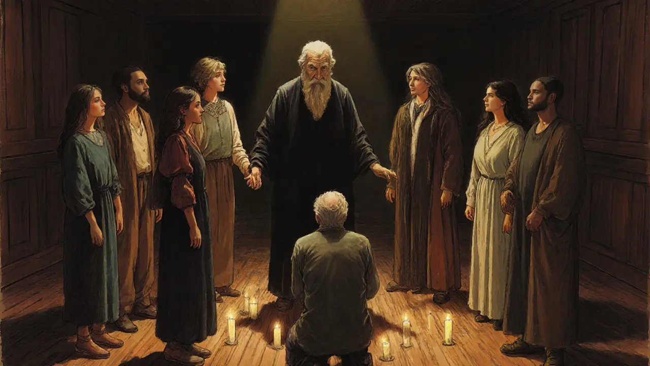 Skupina lidí v kruhu s terapeutem, kteří reprezentují rodinné vazby v tichém, světelném prostoru.