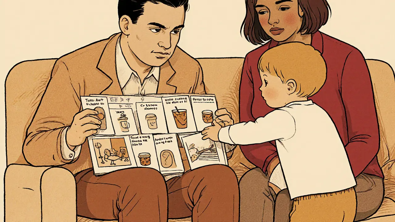 Terapeut a rodič pomáhají dítěti s vizuálními karetami k malým změnám v rutině.