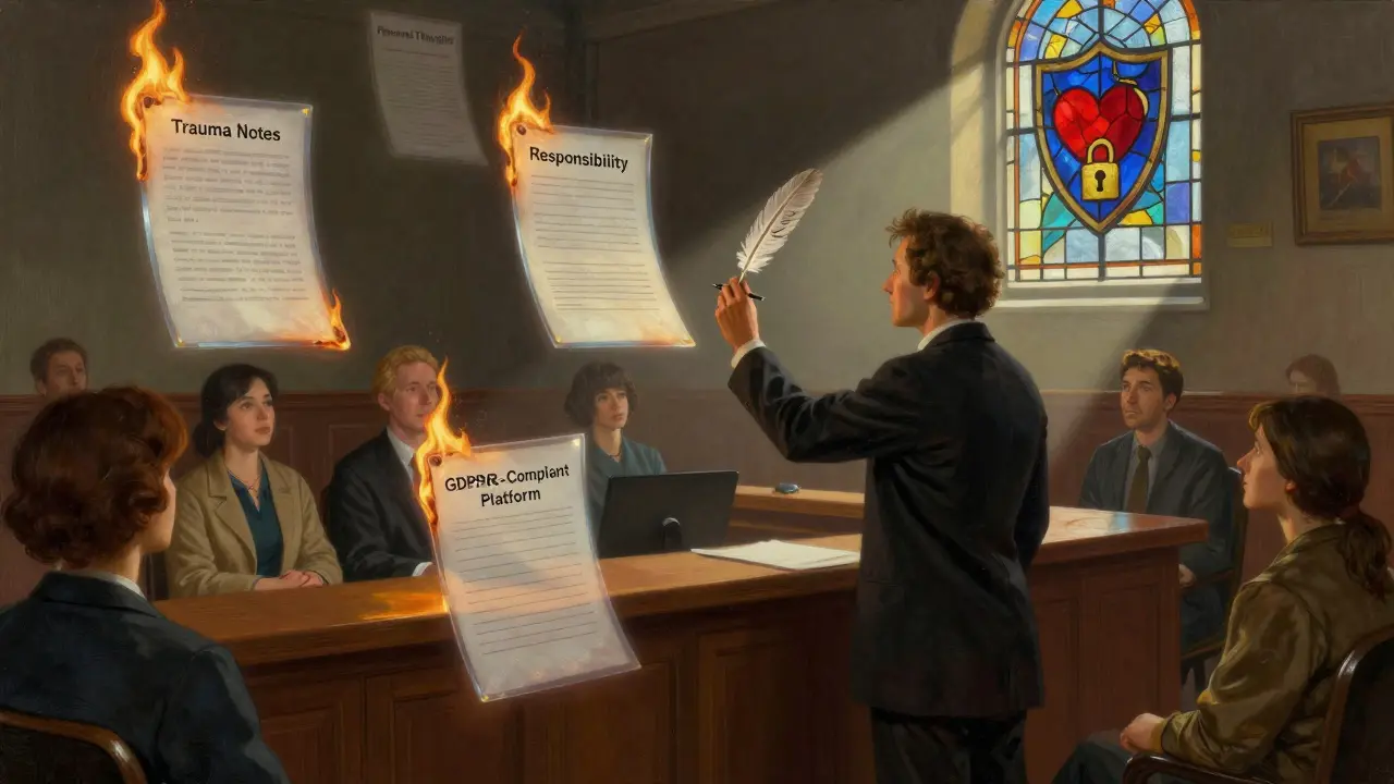 Terapeut stojí před soudem citlivých dokumentů, zatímco bezpečný systém je jediný, který je chrání.