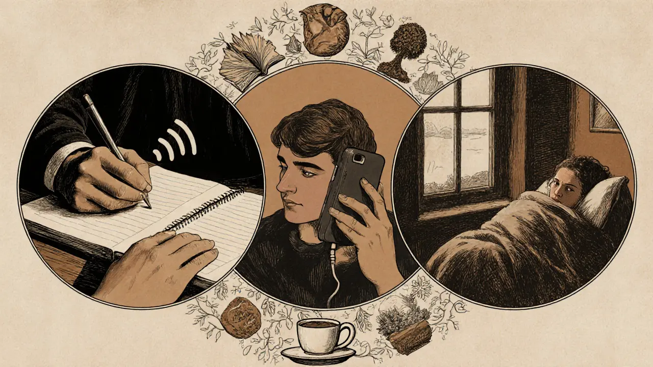 Tři scény ukazují psaní, telefonát a klidný odpočinek, spojené symbolem údržby.