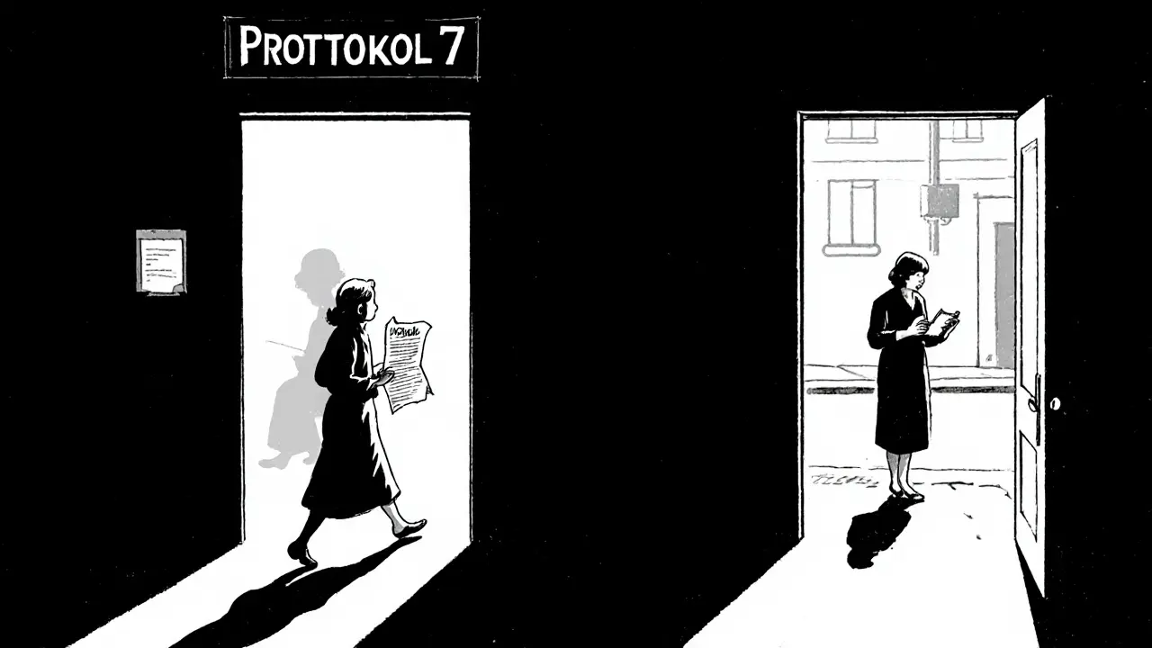 Žena opouští terapeutickou místnost, její stín zůstává uvnitř, zatímco nový terapeut čeká venku.