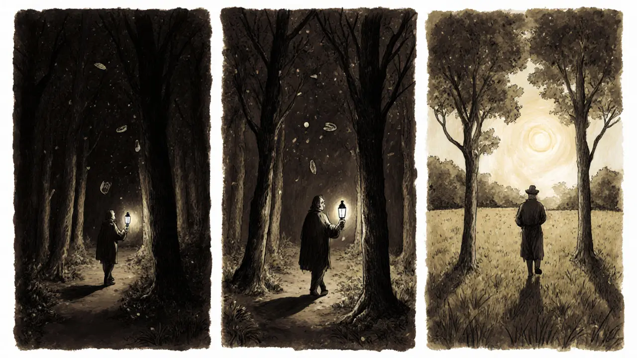 Cesta člověka skrz temný les k osvětlené louce, znázorňující postupnou psychologickou transformaci.