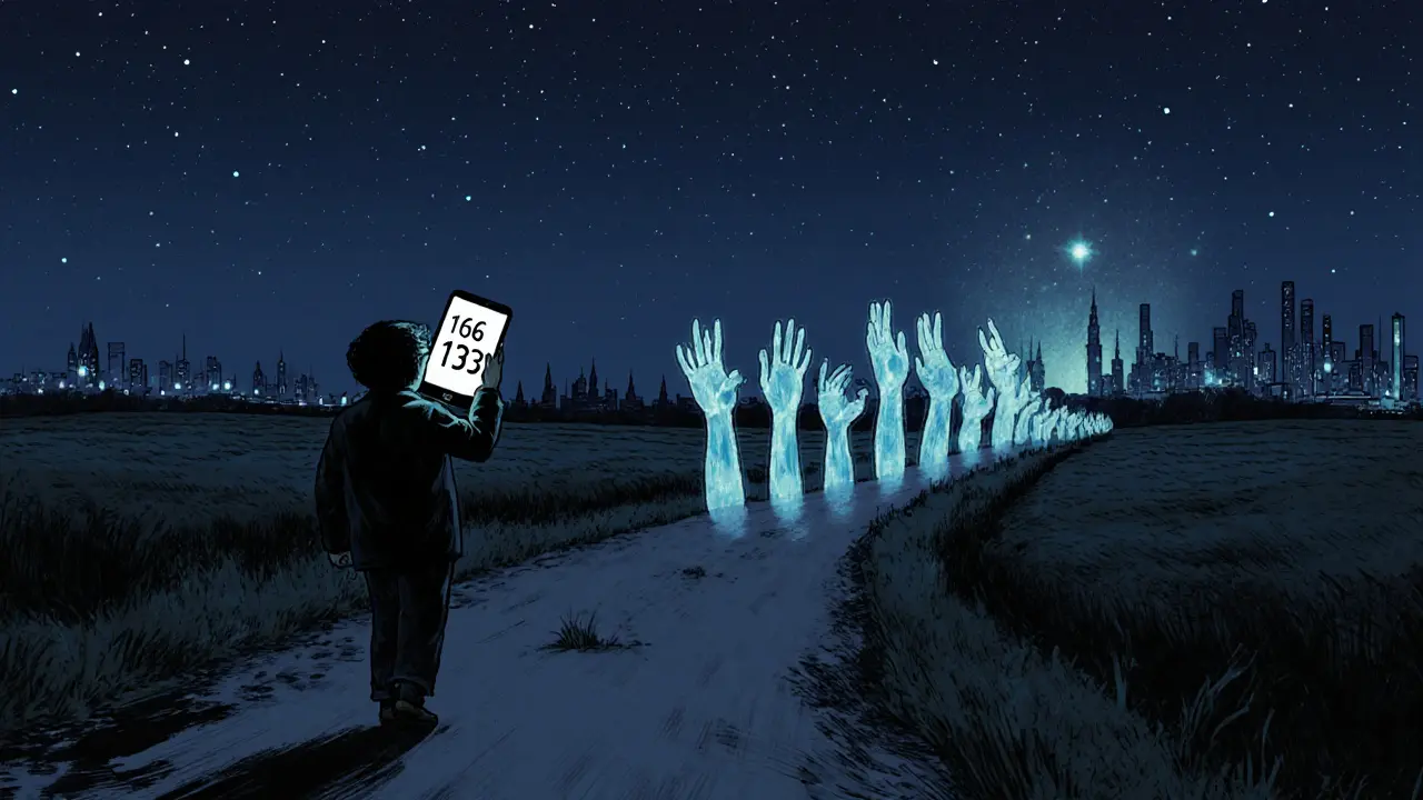 Cesta za městem pod hvězdnou oblohou, na telefonu svítí číslo 116 123.