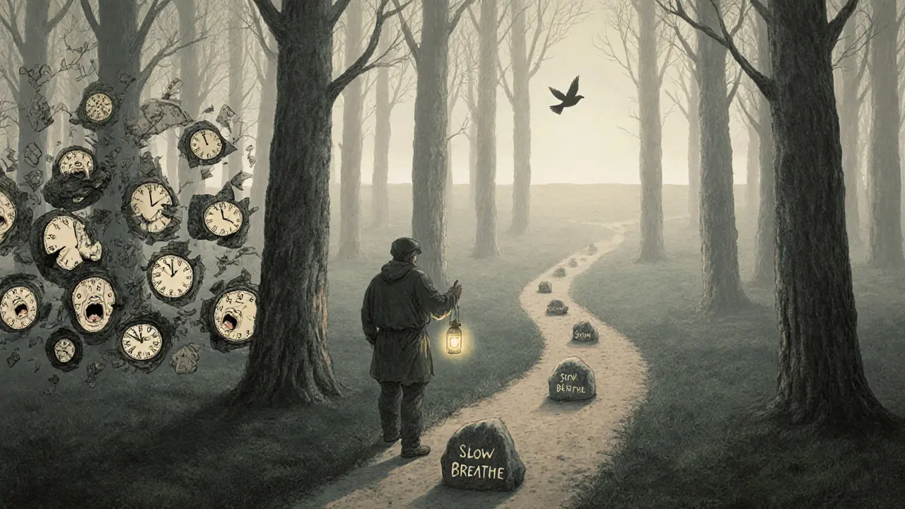 Cestovatel zvolna volí cestu pomalosti místo chaosu, vedený lampou a značkami.