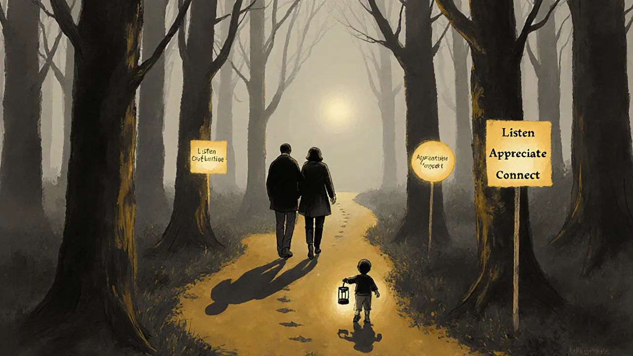 Couple walking through a forest, leaving behind negative behaviors, guided by glowing principles toward shared purpose and family.