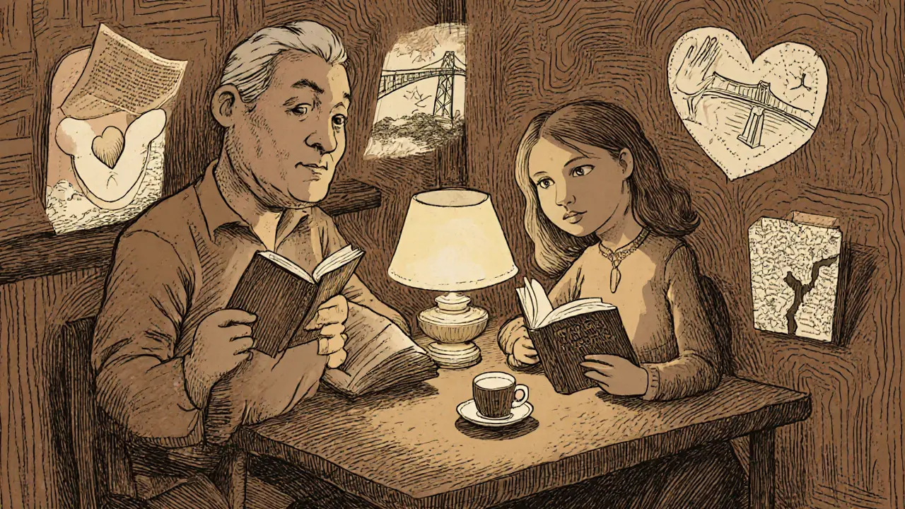 Czech couple reading Gottman&#039;s book together at home, with floating symbols of emotional connection in warm, detailed illustration.