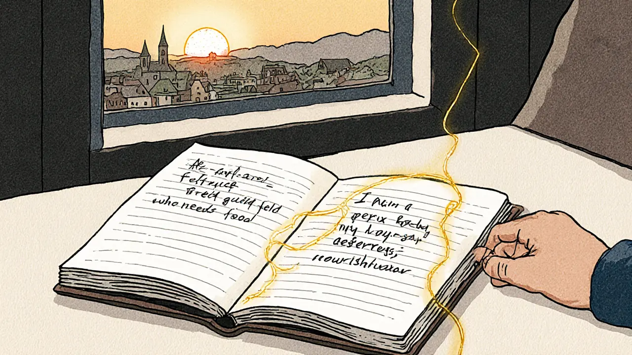 Deník s záznamy o jídle a emocích, osvěžený ranním světlem.