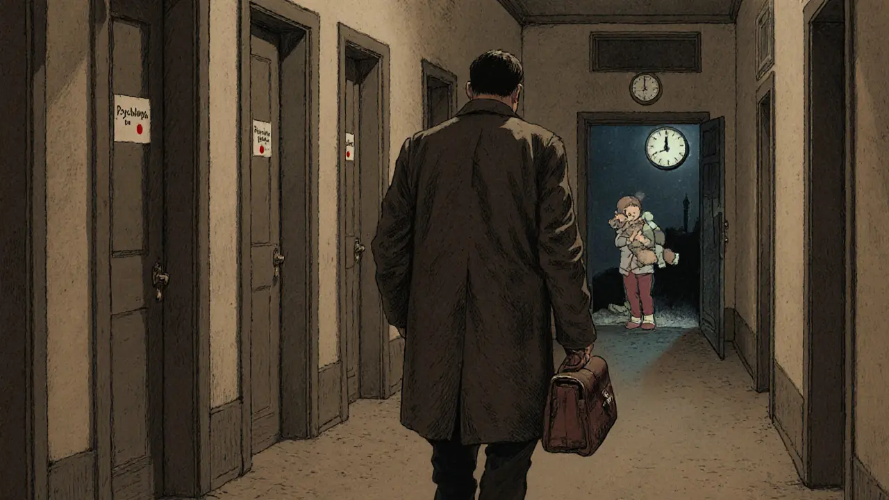 Dětský psychiatr jde prázdným chodbou školy, za ním zavřené dveře s červenými značkami.