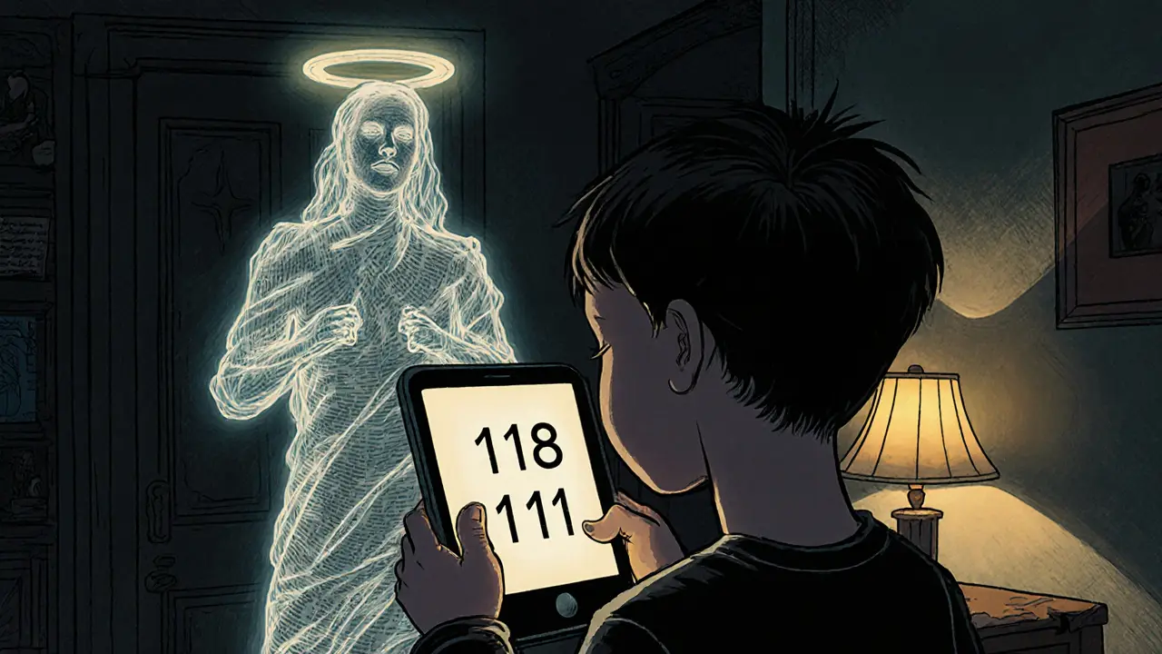 Dítě drží telefon s číslem 116 111, zatímco průzračná ochranná postava ho obklopuje světlem.