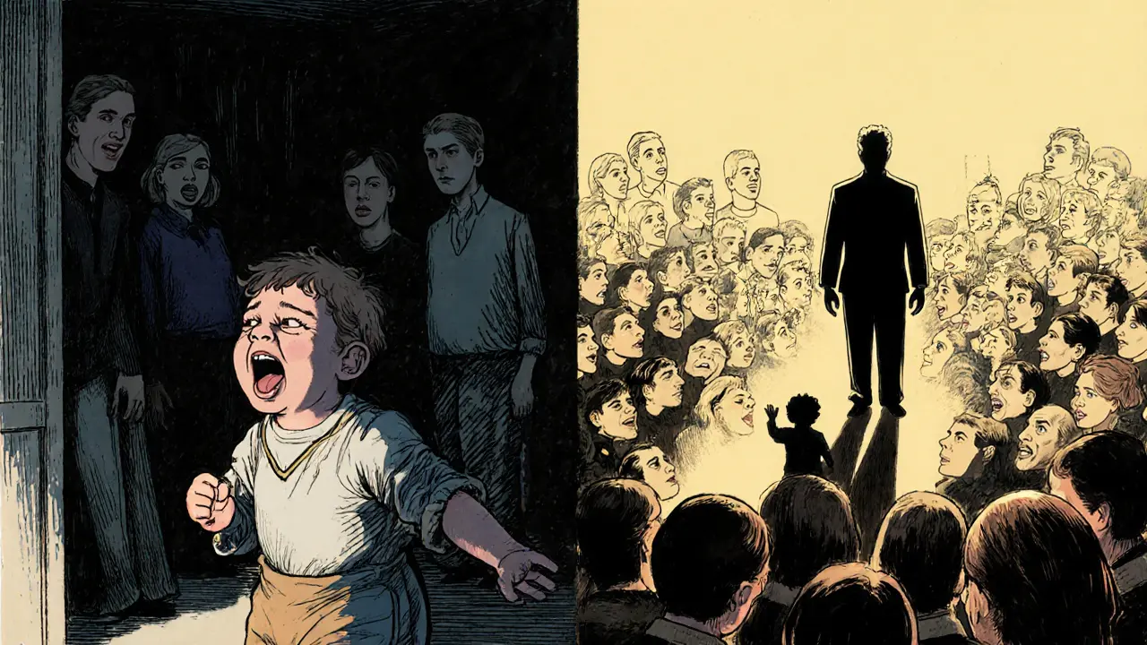 Dítě ignorované v temnotě a dospělý s touhou po pozornosti — stín minulosti ho následuje.