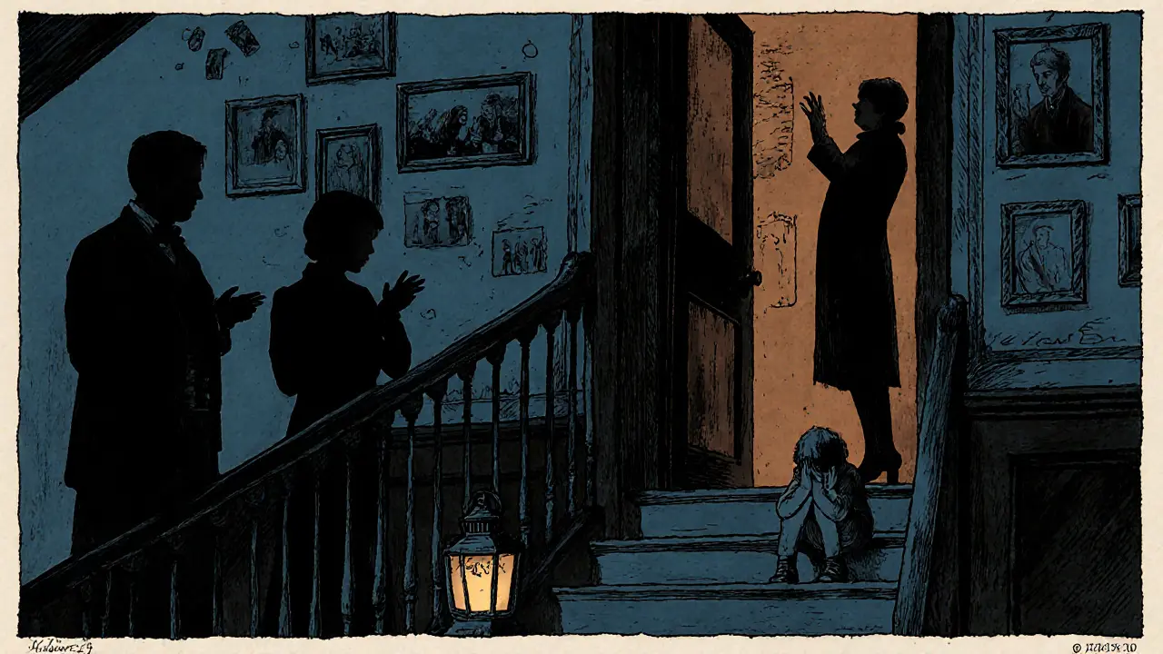 Dítě sedí na schodech, rodiče se hádají za dveřmi ve stínu.