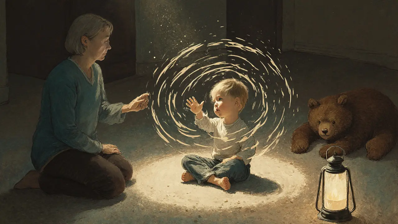 Dítě v klidném prostředí pomalu zvedá ruku, terapeut pozoruje s klidem a respektem.