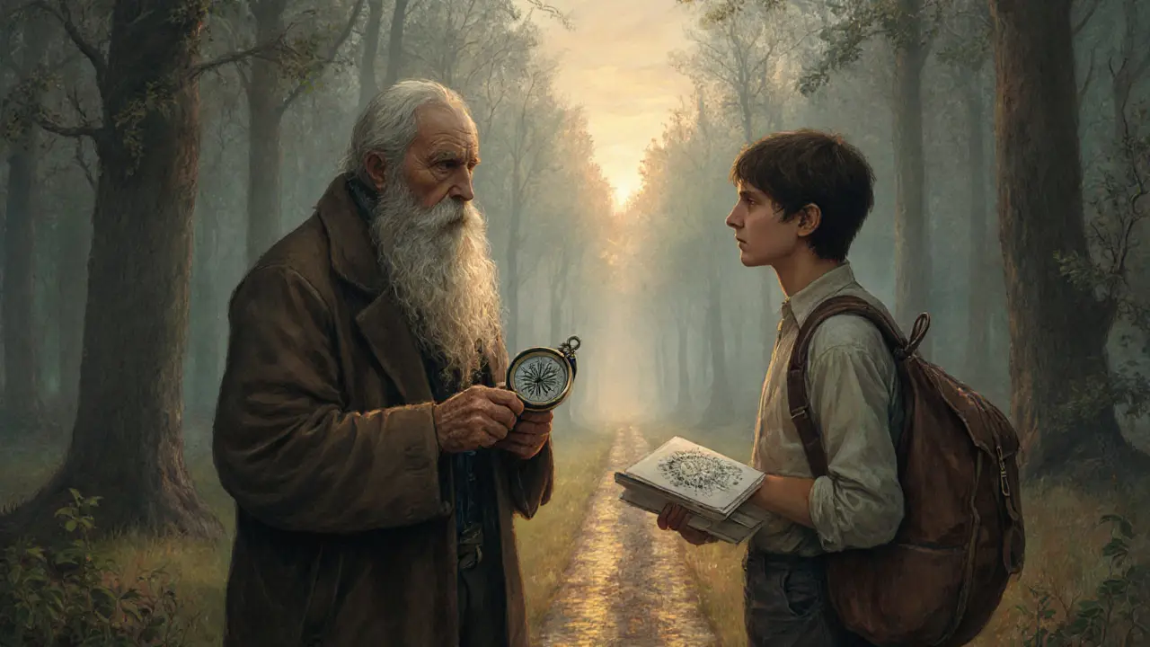 Dva terapeuti v lese — starší a mladší — vedou cestu, ale nevědí, kde končí.