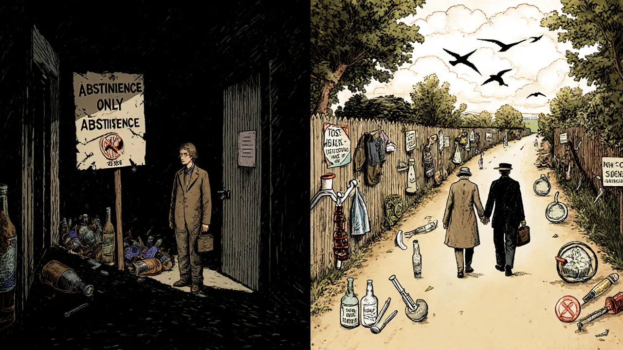 Dvě cesty: jedna v temnotě s abstinencí, druhá ve světle s bezpečnými nástroji pro závislé.