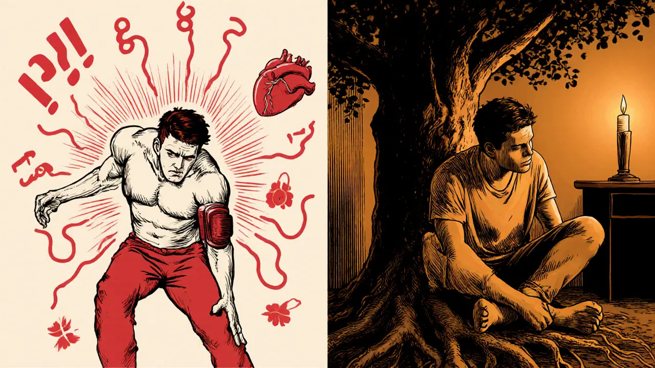 Dvě strany klienta: jedna v přetížení, druhá v klidu s dýcháním a kořeny země.