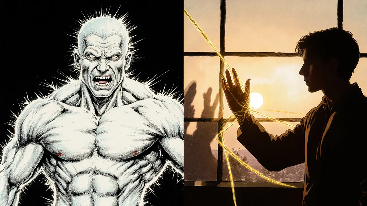 Dvě verze stejné osoby: jedna zamrznutá, druhá se uvolňuje — symbolizující přechod od trauma k adaptaci.