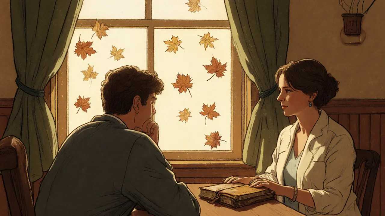 Klient dívá se z okna během ticha terapeutického sezení, terapeut sedí tiše vedle něj.