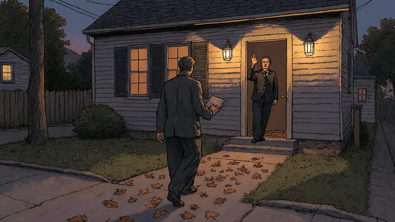 Klient odchází po první návštěvě, terapeut stojí v dveřích, večer, listí se vrtí kolem nohou.