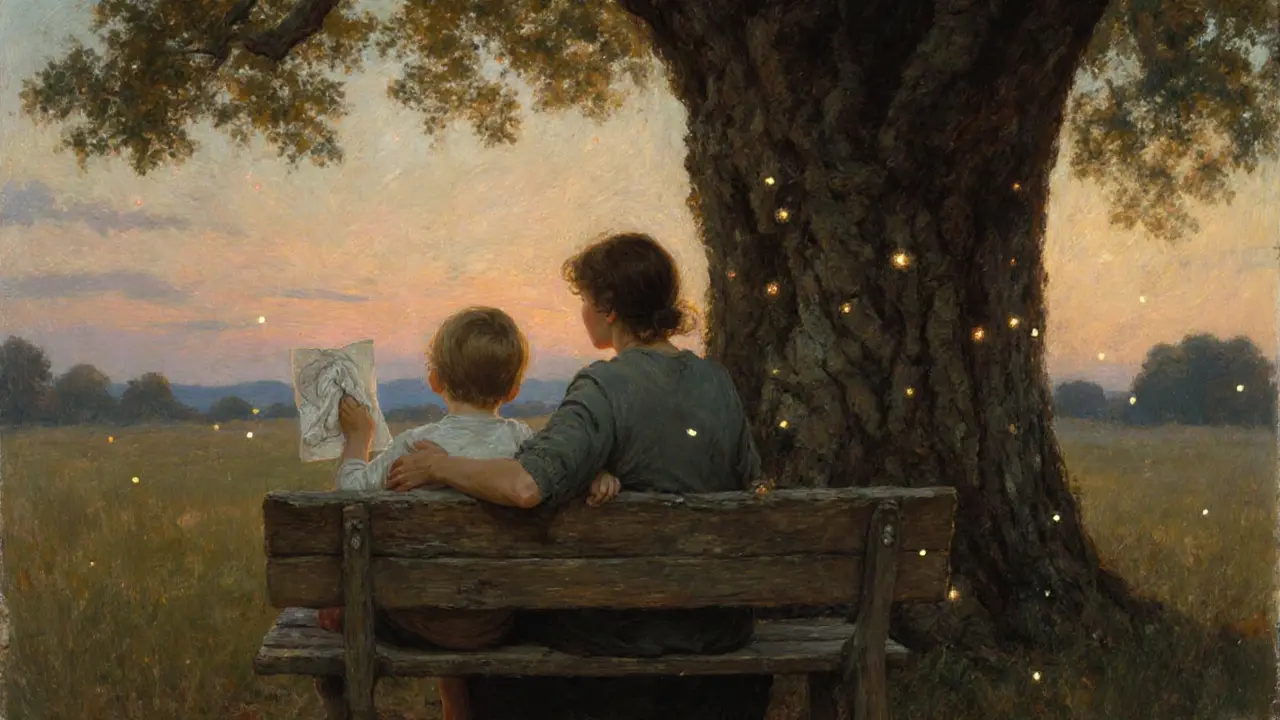 Matka a dítě sedí pod stromem ve večerním světle, klidně spolu.