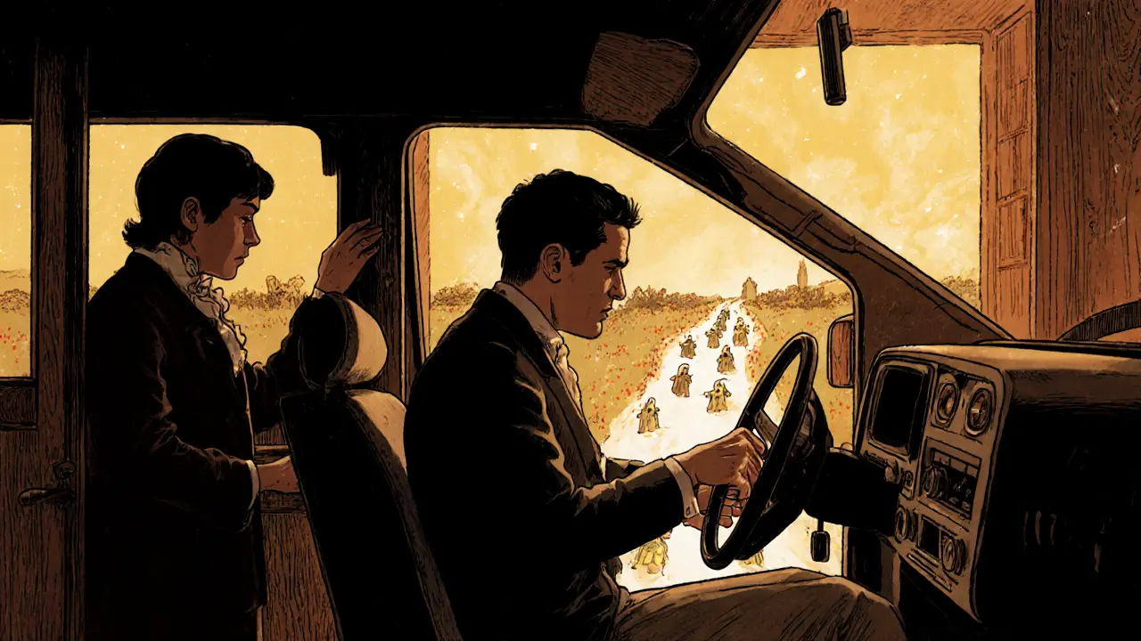 Muž sedí za volantem auta, terapeut vedle něj, strach se mění v světlo.