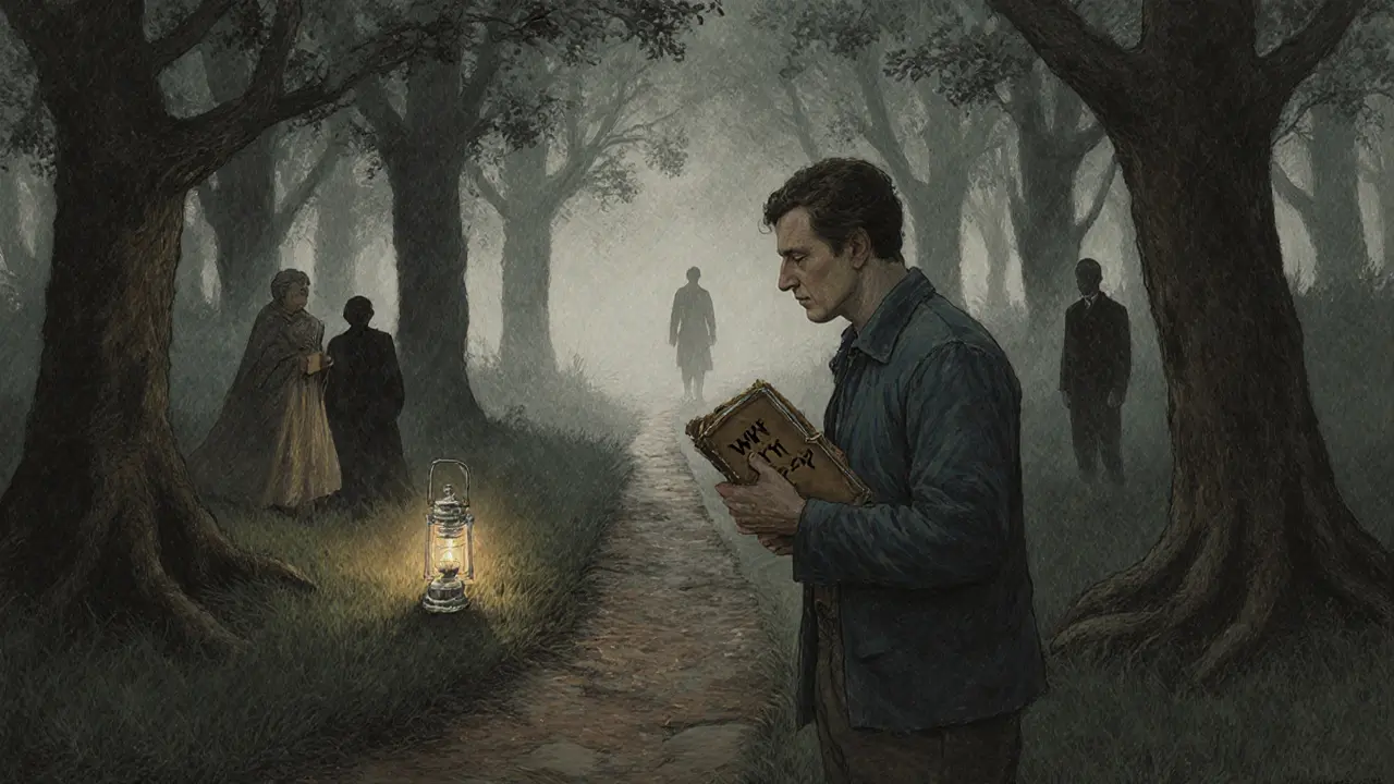 Muž stojí na kraji lesa, kde stíny minulosti mizí, zatímco cesta před ním svítí.