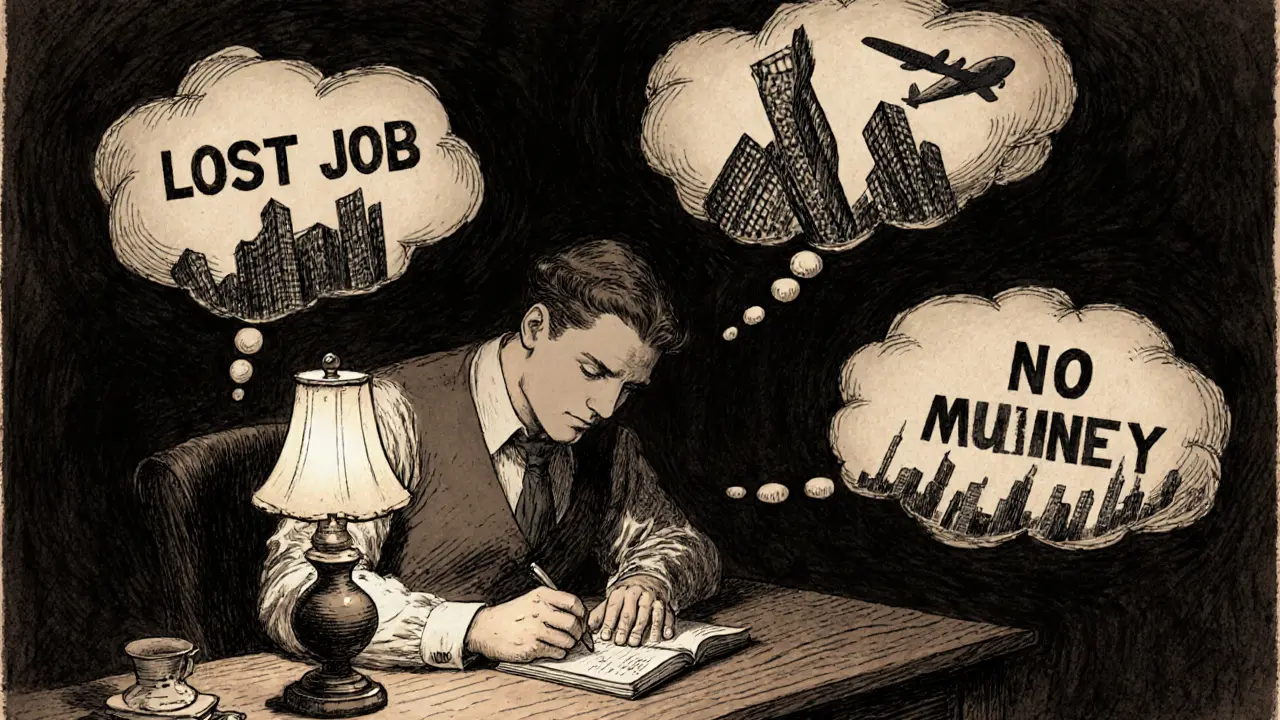 Muž zapisuje myšlenky do deníku, odhazuje černé obrazy katastrof.