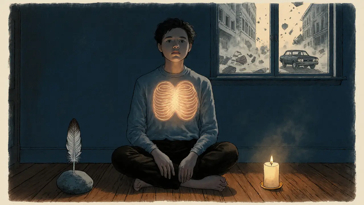 Osoba dýchá klidně, kolem ní se objevují symboly klidu, zatímco chaos kolem ní mizí.