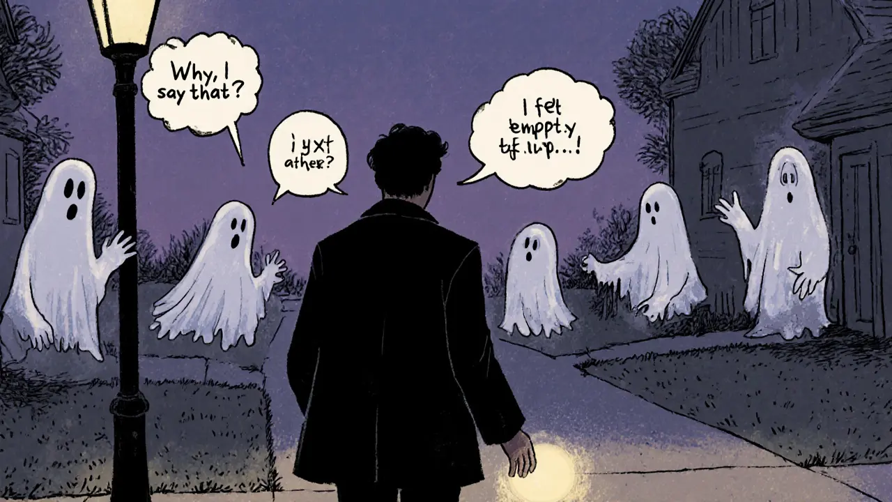 Osoba jde domů ve večerním světle, kolem ní se vznášejí opakující se myšlenky z sezení.