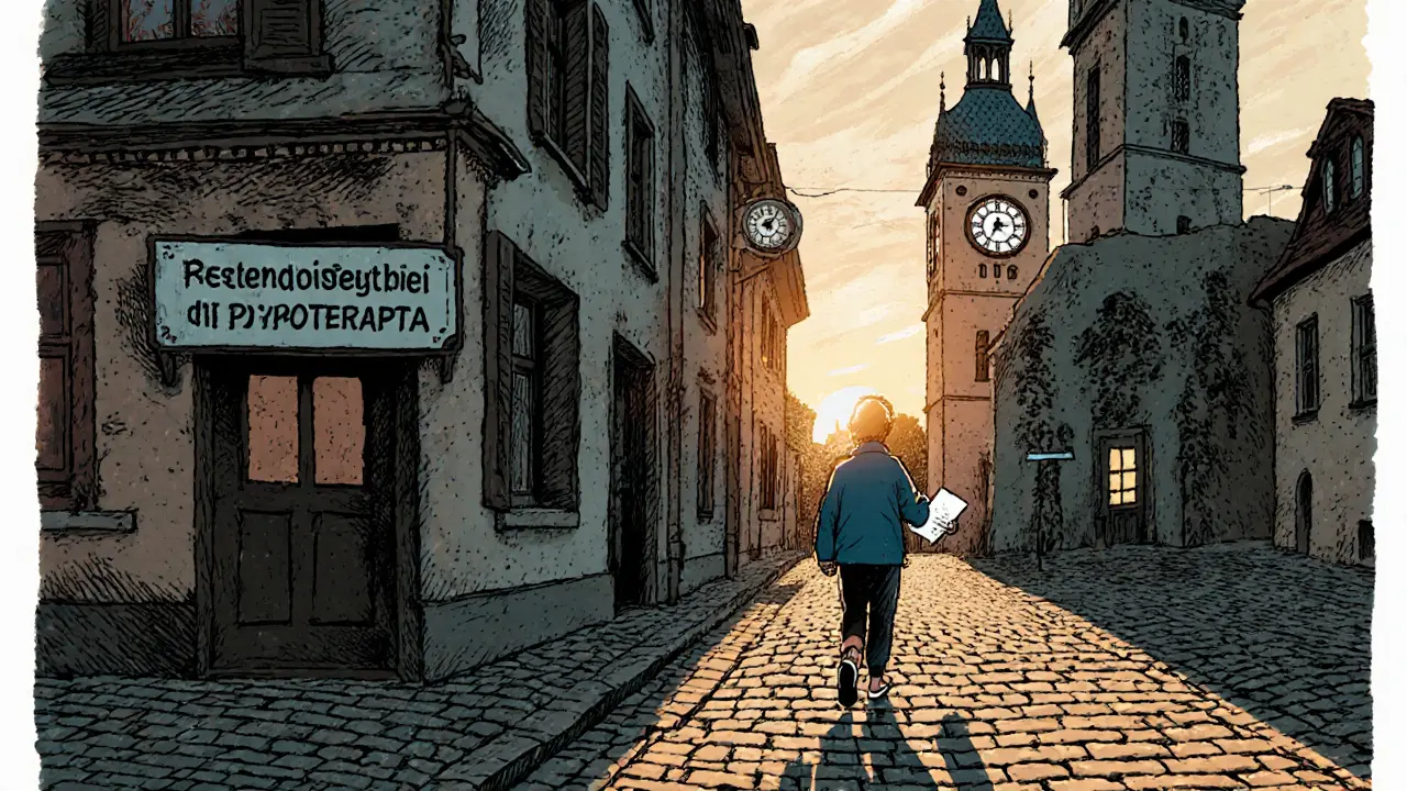 Osoba jde po ulici s doporučením na psychoterapii ve městě v ČR.