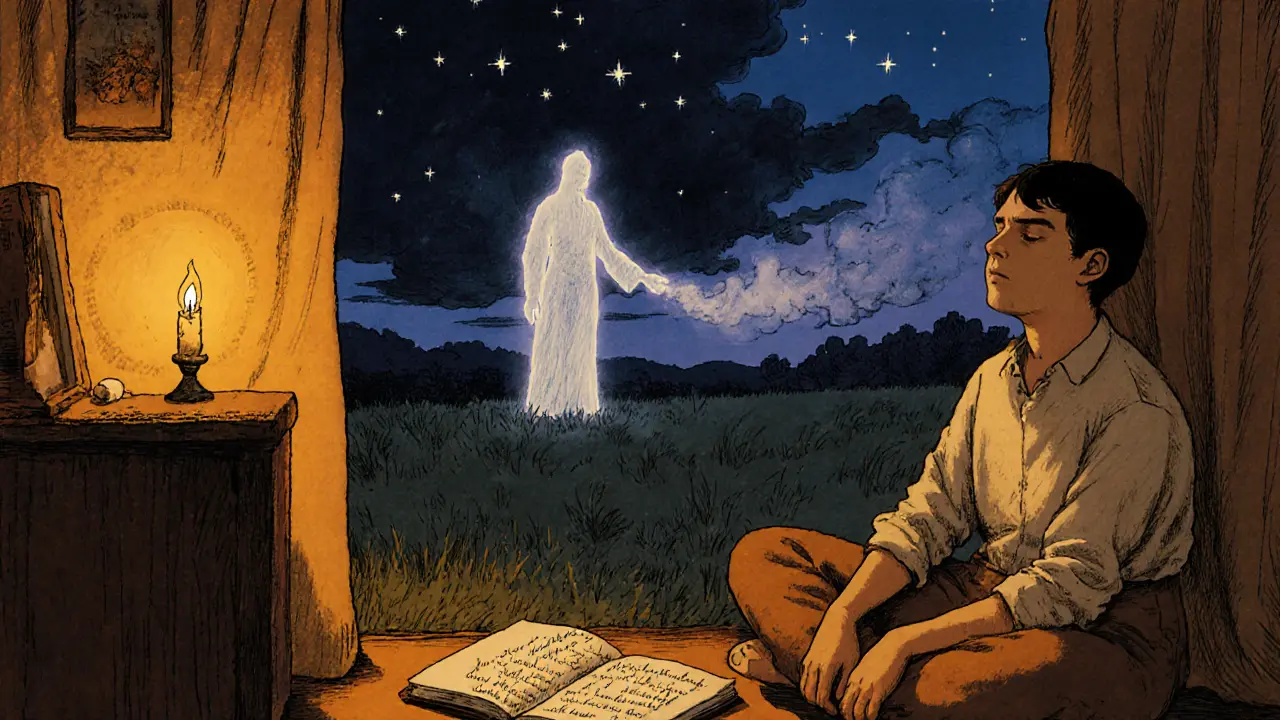 Osoba medituje a představuje si klidný sen s ochráncem v temné krajině.