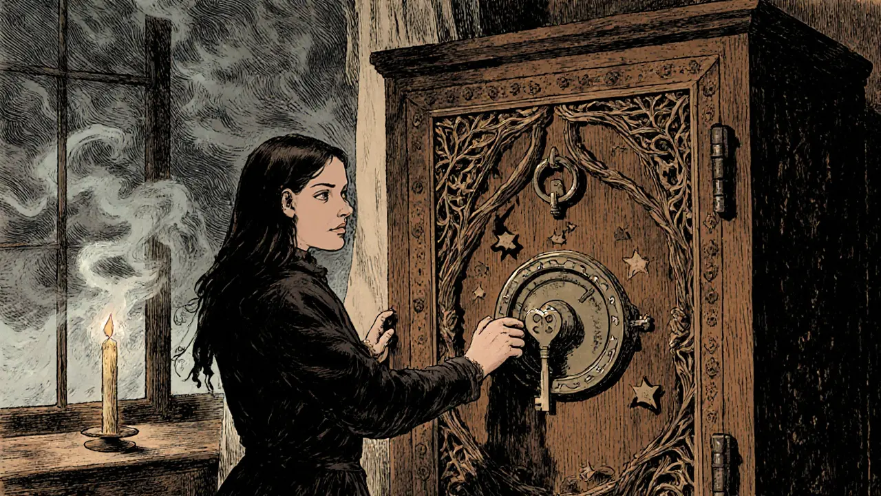 Osoba zavírá dřevěný trezor s důmyslnými výřezy, kde jsou uloženy traumatické vzpomínky.