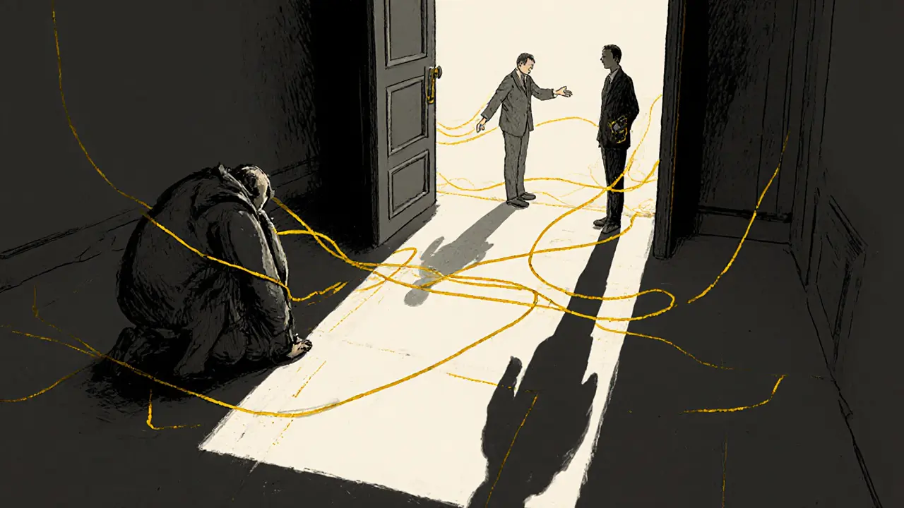 Otevřená dveře v tmavém chodbě, tři postavy symbolizují různé fáze vnitřního procesu terapie.