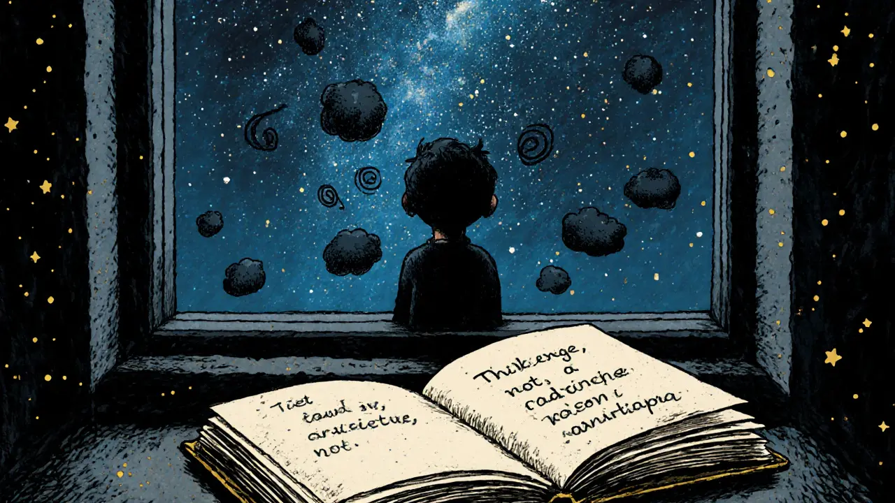 Postava pod hvězdnou oblohou, kde její katastrofické myšlenky mizí ve vesmíru.