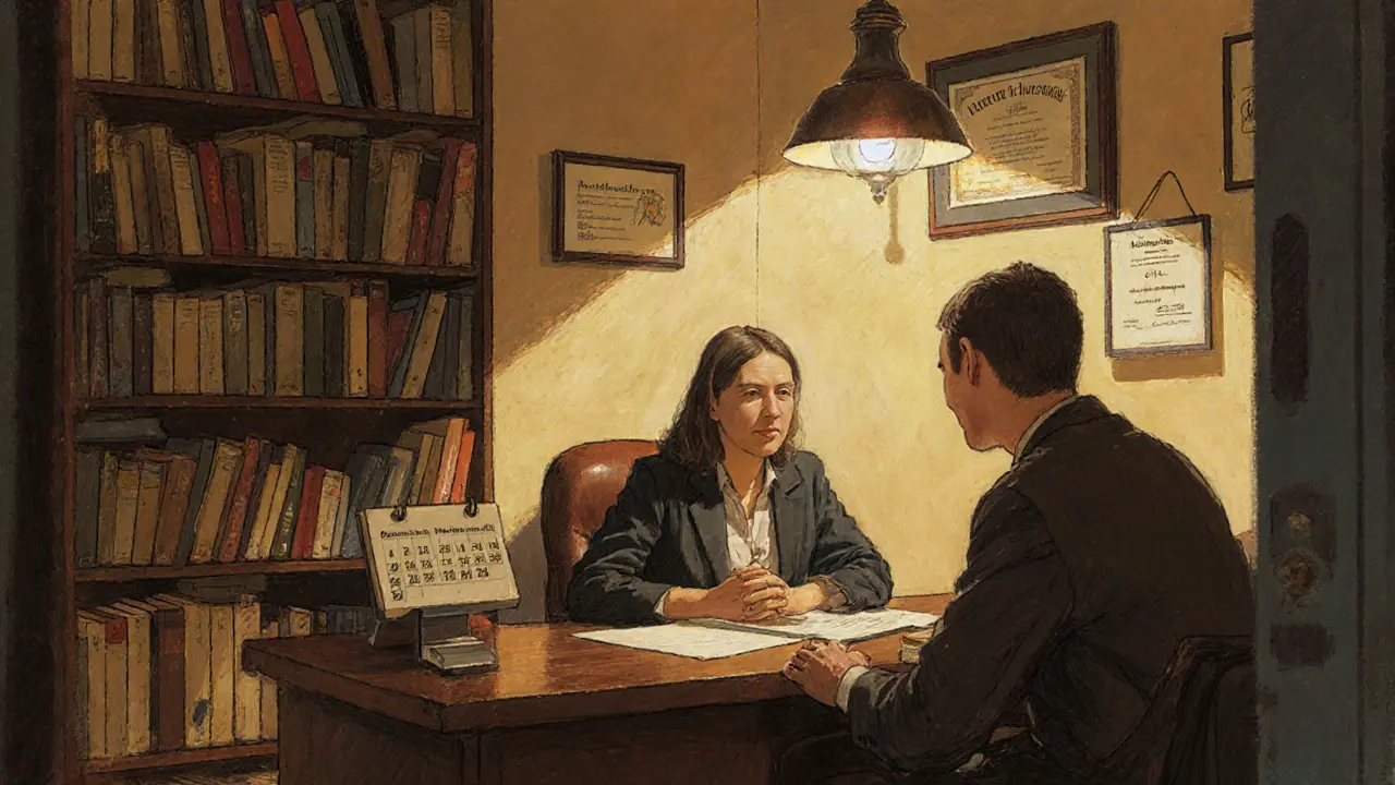 Psycholog v tiché kanceláři vedle ordinace hovoří s pacientem o terapii.