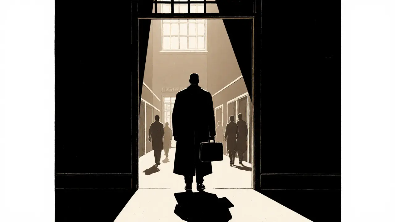 Psychoterapeut stojí před psychiatrickou nemocnicí v tichém večerním světle.