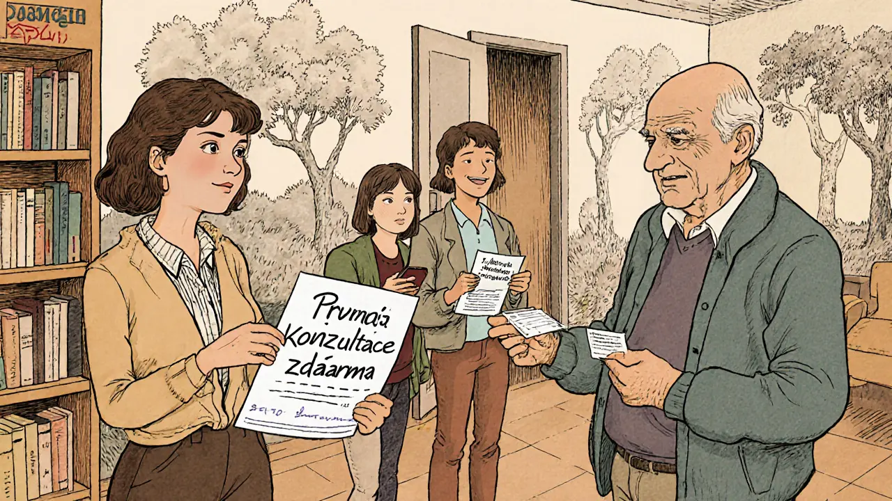 Různí lidé v komunitním centru získávají bezplatné terapeutické konzultace.