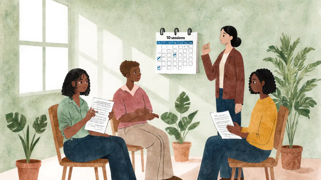 Skupina lidí ve fyzioterapeutické místnosti s terapeutem a kalendářem sezení.