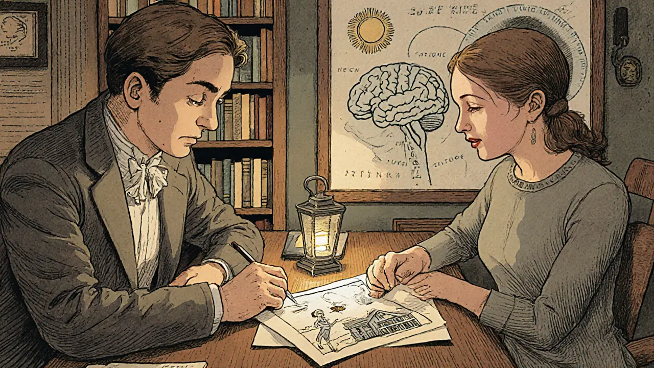 Terapeut a pacient společně kreslí bezpečný scénář snu v pokoji plném knih.