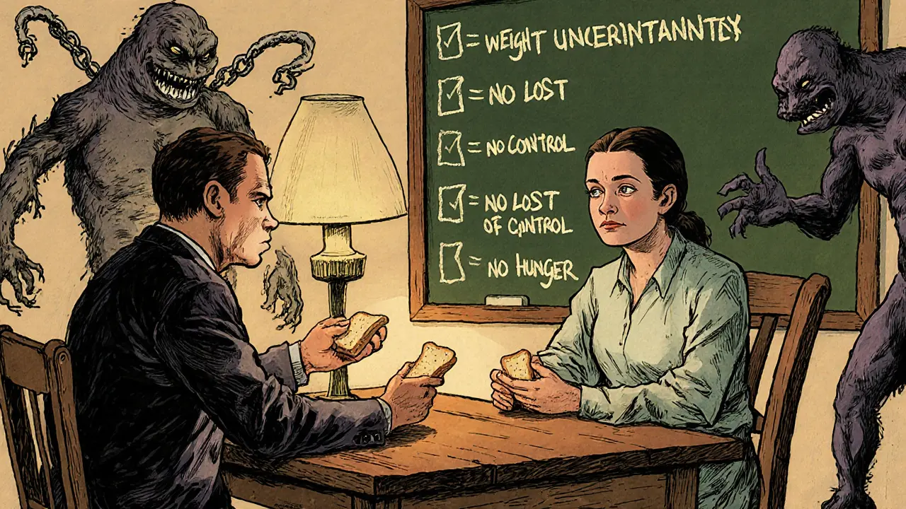 Terapeut a pacient spolu analyzují jídlo na stole, zatímco negativní myšlenky zmizí.