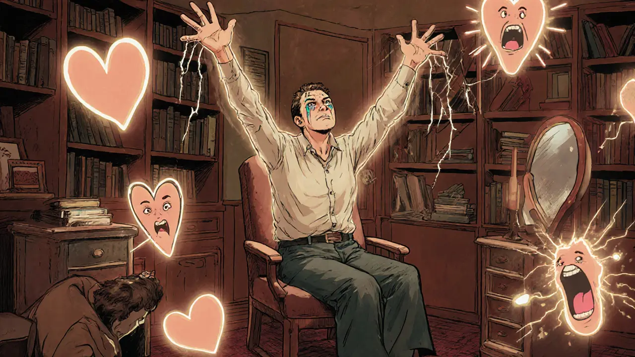 Terapeut klidně sedí, zatímco klient dramaticky gestikuluje — hranice jsou viditelné jako jemné záře.