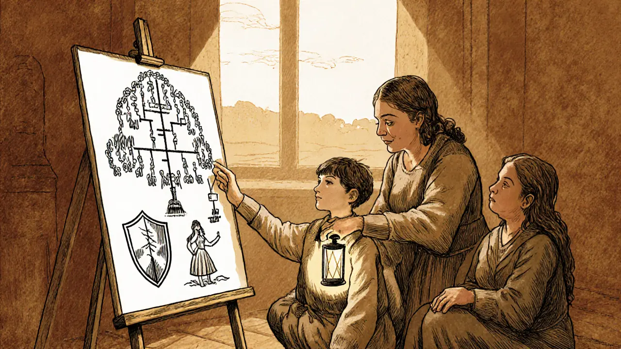 Terapeut ukazuje rodinný strom s symbolickými obrázky léčby.