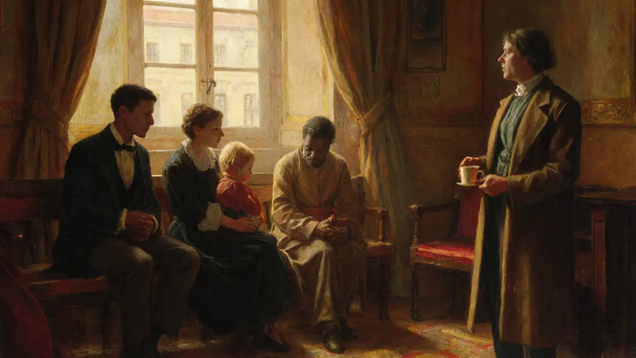 Tři lidé v klidné místnosti krizového centra, terapeut jim podává čaj.