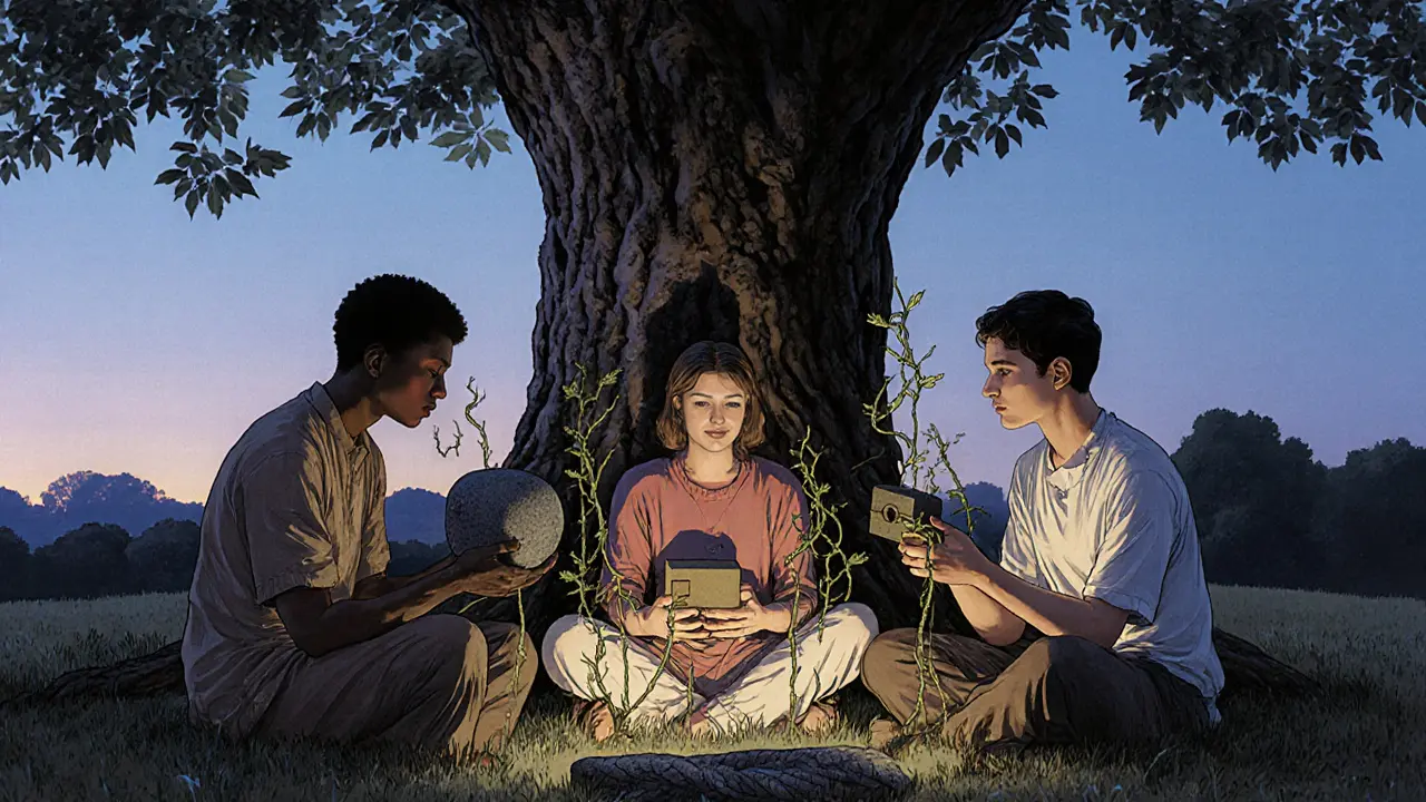 Tři lidé v kruhu pod stromem, jejich bolesti se mění v růst a spojení.