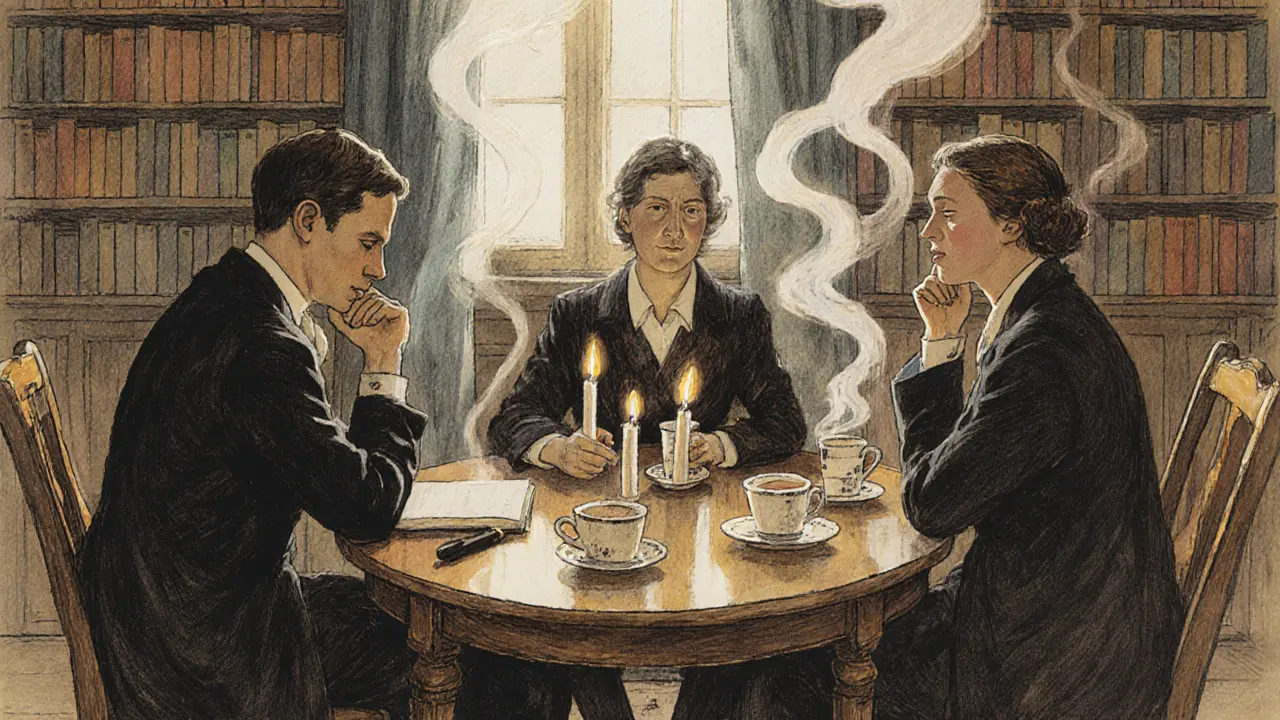 Tři terapeuti sedí v kruhu, přemýšlejí o klientovi, který není přítomen.