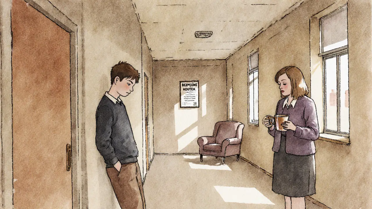 Učitel stojí vedle teenagera v chodbě školy, kde je vidět bezpečný koutek s křeslem.