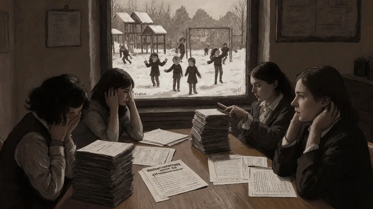 Učitelé a školní psycholog analyzují data o duševním zdraví žáků v kanceláři.