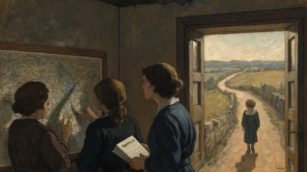 Učitelé v škole studují mapu s označenými obcemi, dítě jde samotné po cestě.