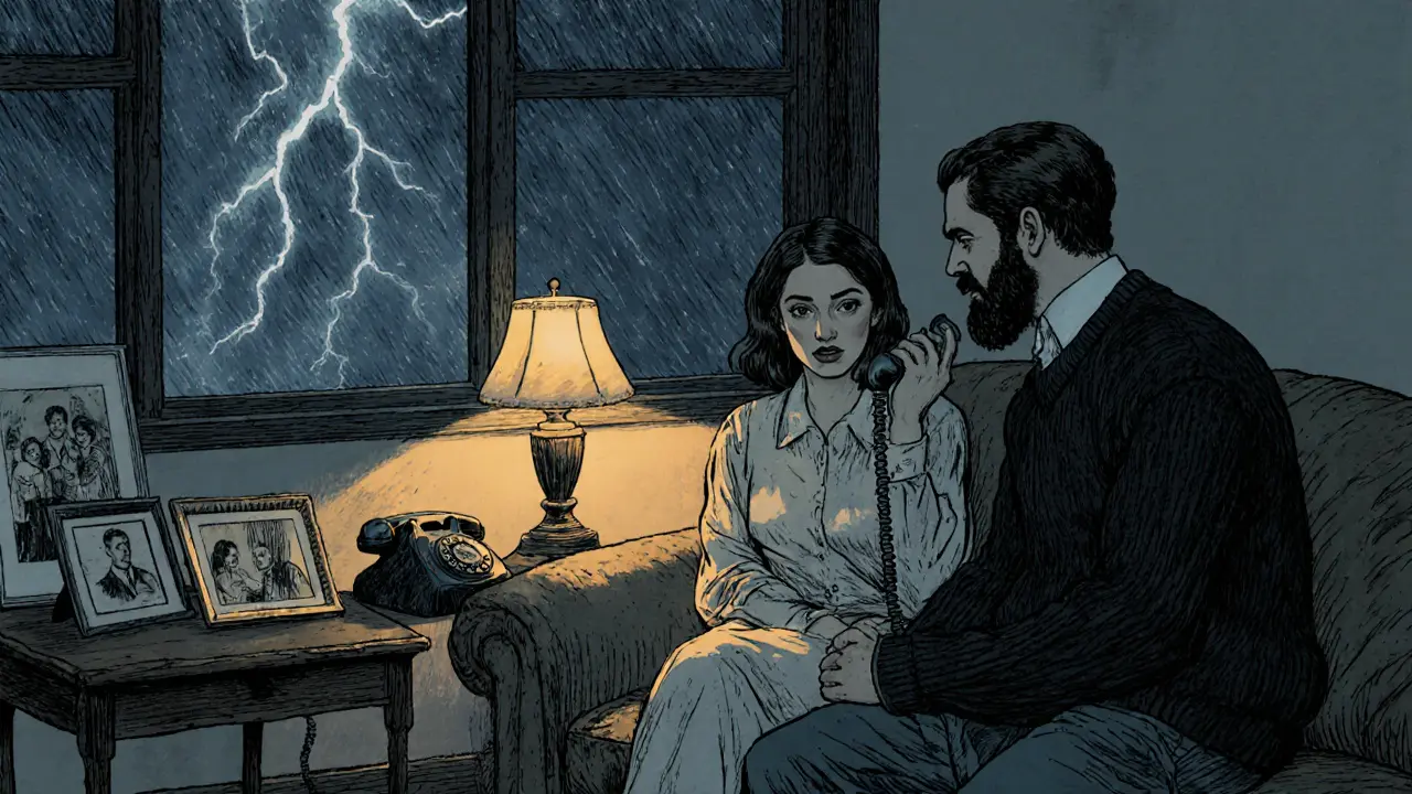 Žena v noci hovoří s operátorem krizové linky, teplé osvětlení, klidná atmosféra.